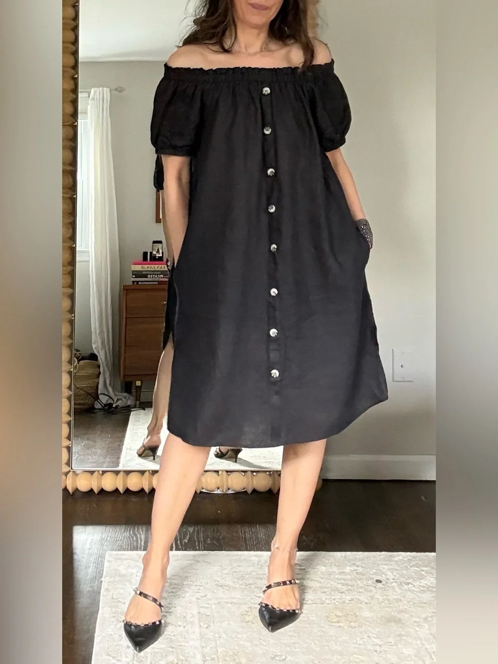 Saks Fifth Avenue Black Linen Off The Shoulder Dress Saks Fifth Avenue Black Linen Off The Shoulder Dress